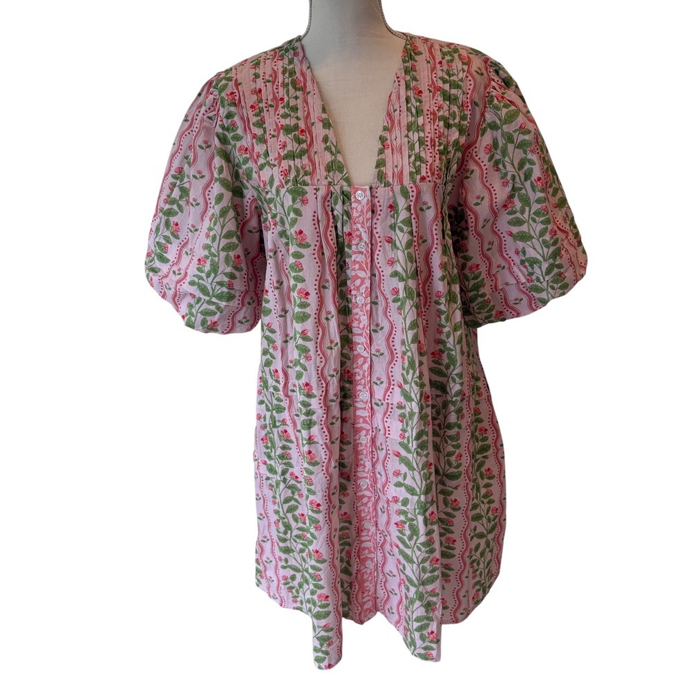 Marigold By Victoria Dunn Pink Floral Block Print Cotton Puff Sleeve Dress Xl